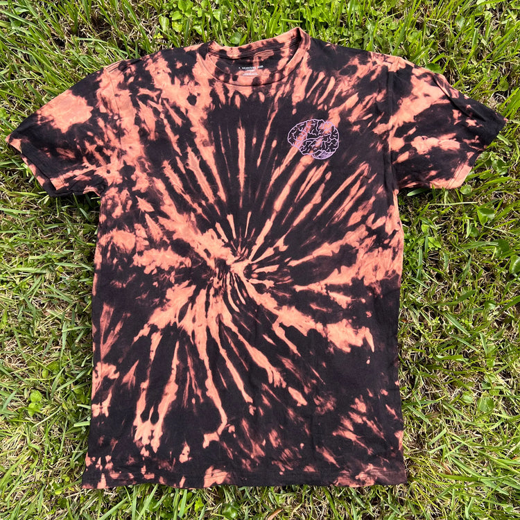 A Wandering Mind Classic Brain Pink Logo t-shirt in bleach-dyed black front view