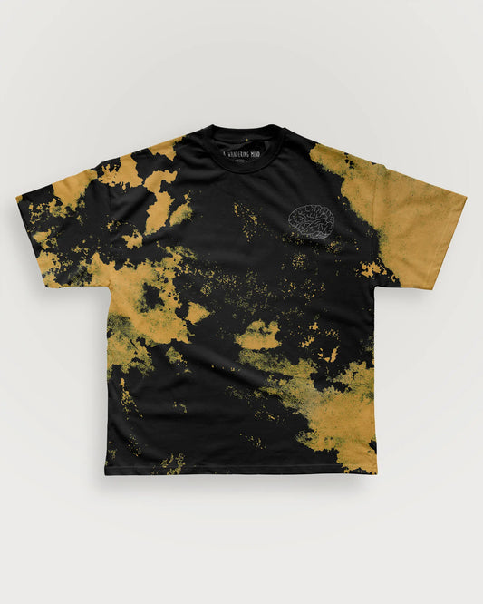 A Wandering Mind Classic Brain White Logo t-shirt in bleach-dyed black front view