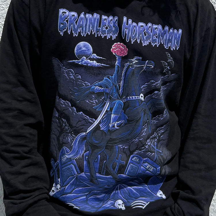 A Wandering Mind Brainless Horseman long sleeve t-shirt in black front view worn on model