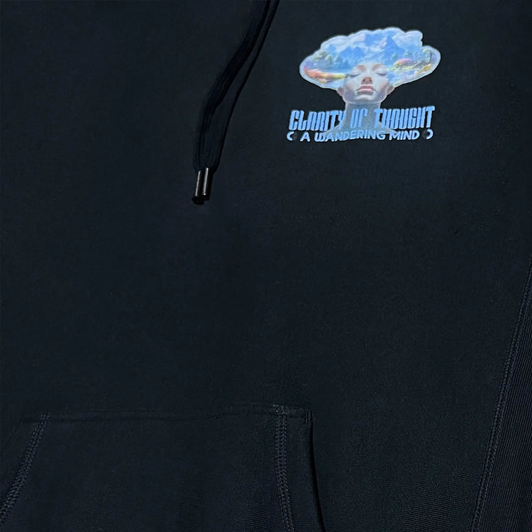 A Wandering Mind Clarity of Thought hoodie in black front graphic detail print texture showing human profile, mountains, lake