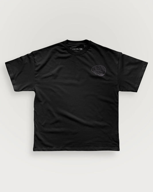 A Wandering Mind Classic Brain Pink Logo t-shirt in black front view