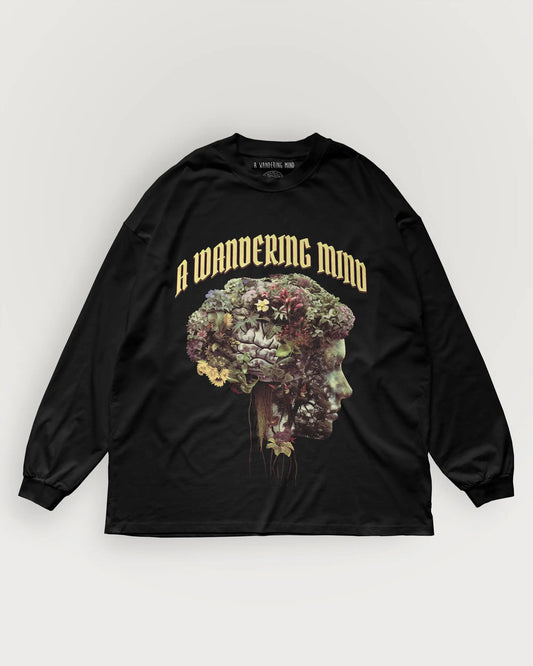 A Wandering Mind Cognitive Flora long sleeve t-shirt in black front view