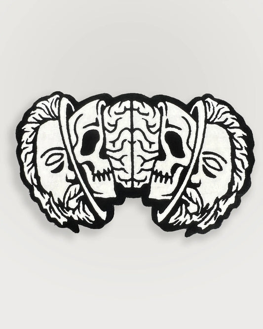 A Wandering Mind Divided Self rug in black and white full view