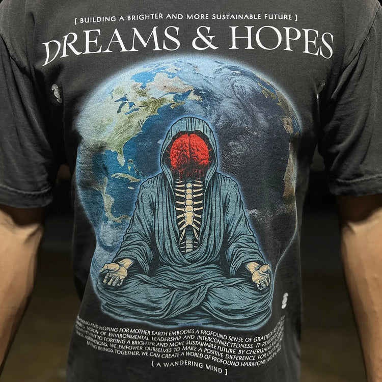 A Wandering Mind Dreams & Hopes t-shirt in vintage black front view worn on model