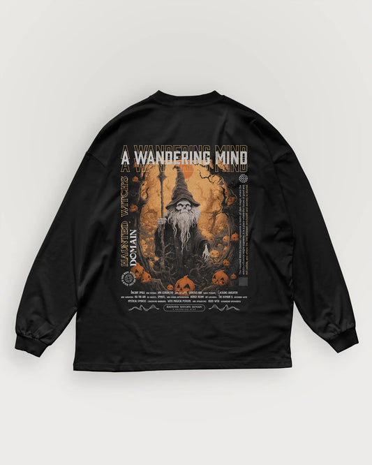 A Wandering Mind Haunted Witch's Domain long sleeve t-shirt in black back view