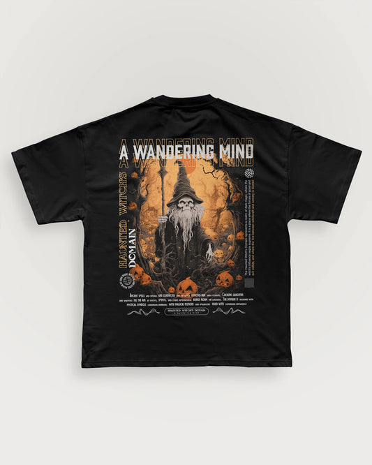 A Wandering Mind Haunted Witch's Domain t-shirt in black back view