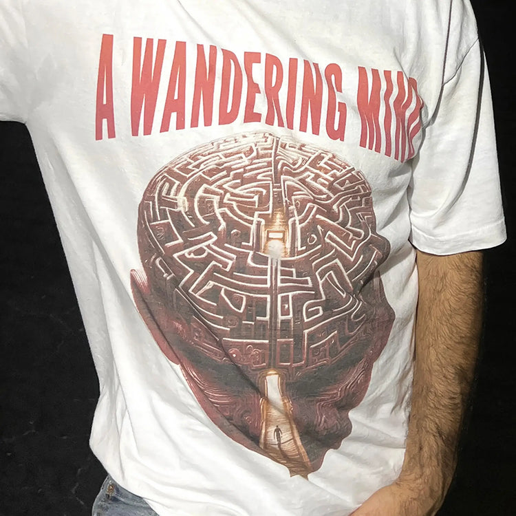 A Wandering Mind Mindful Maze t-shirt in white front view worn on model