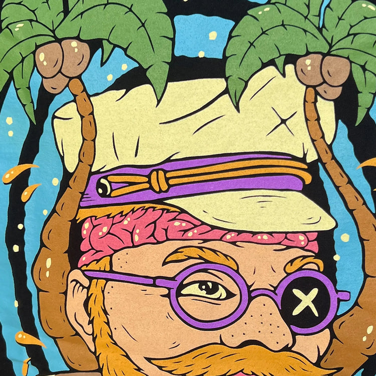 A Wandering Mind The Sailor t-shirt in black back graphic detail showing sailor with exposed brain, palm trees