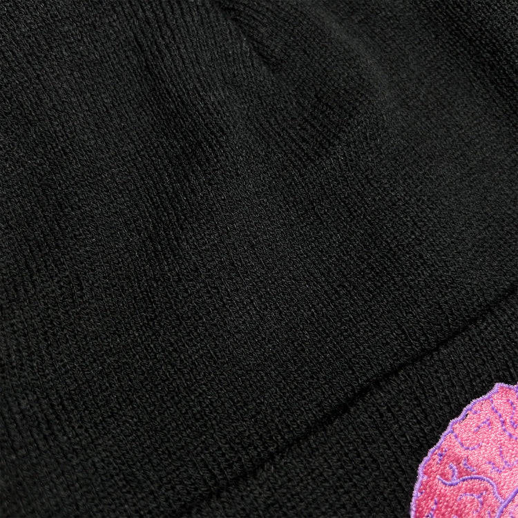 A Wandering Mind Wandering beanie in black knit texture detail