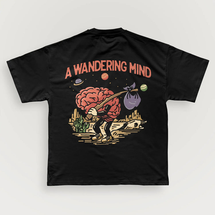 A Wandering Mind Arid Thoughts t-shirt in black back view