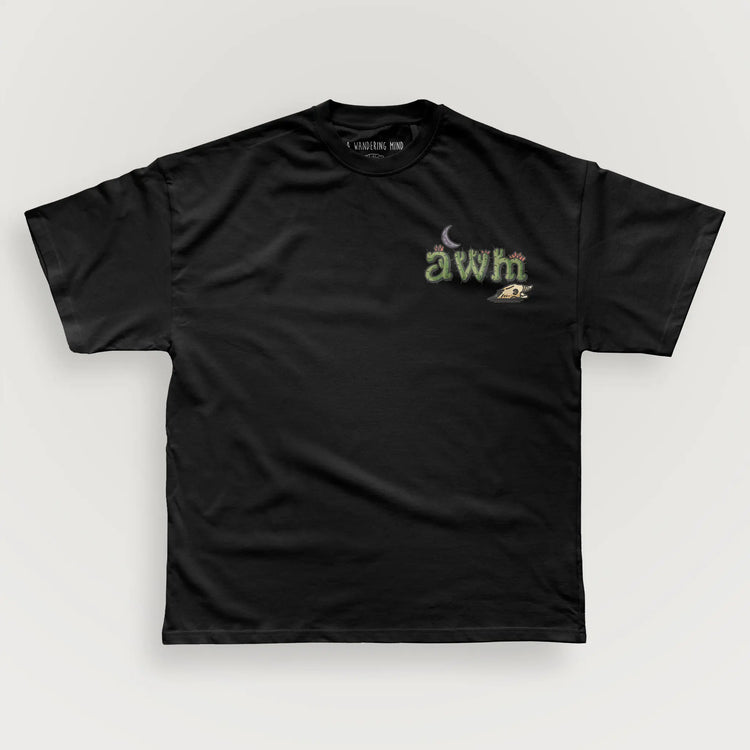 A Wandering Mind Arid Thoughts t-shirt in black front view