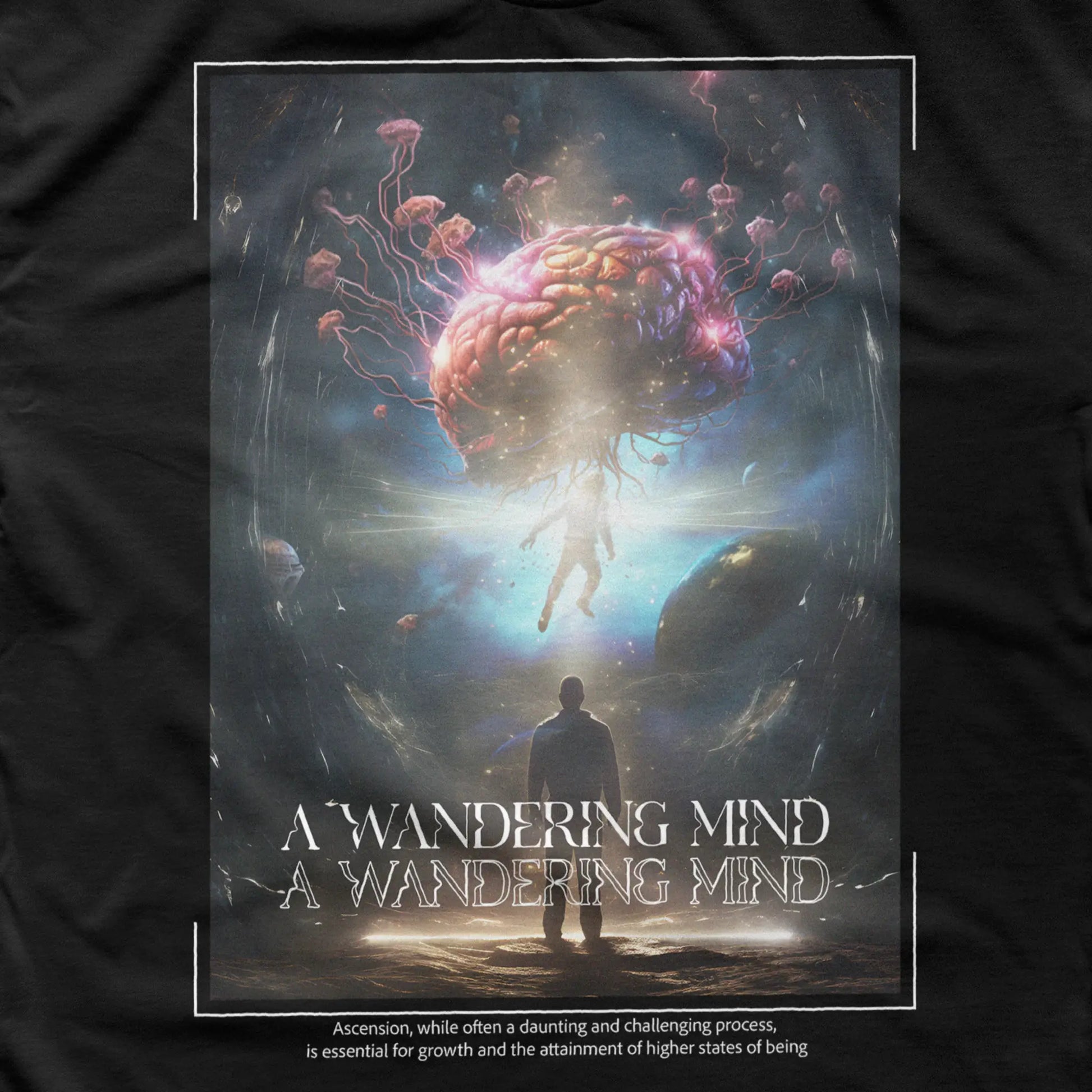 A Wandering Mind Ascension t-shirt in black front graphic detail showing figure, floating brain, cosmic scene