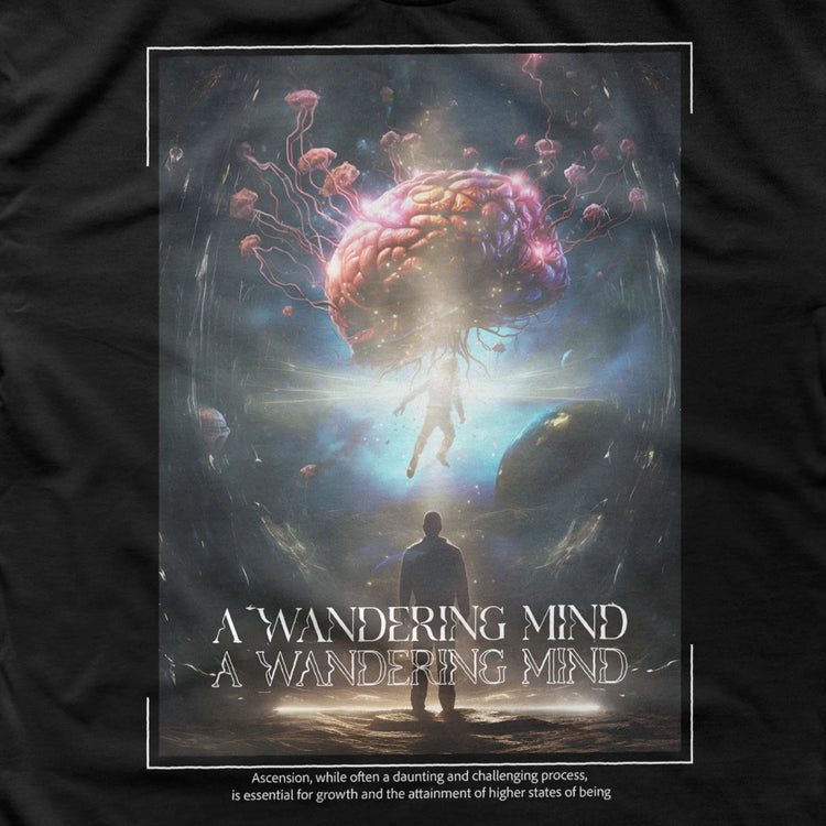 A Wandering Mind Ascension t-shirt in black front graphic detail showing figure, floating brain, cosmic scene