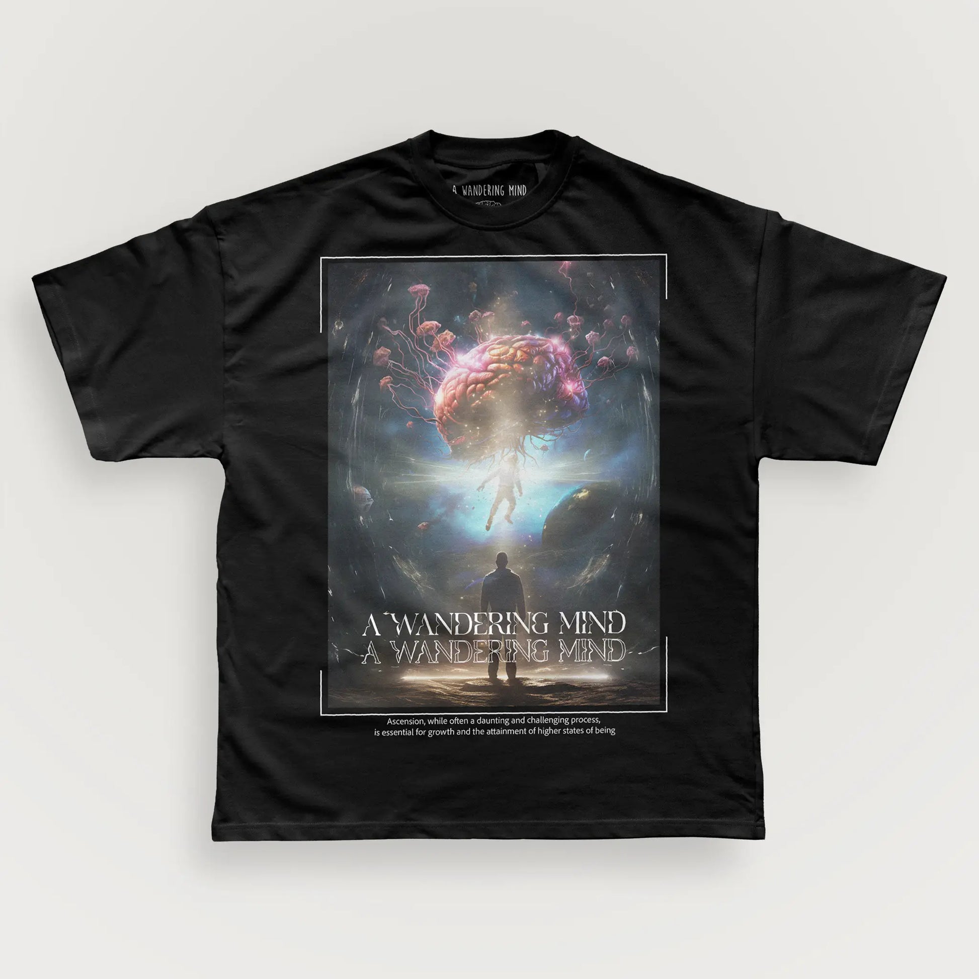A Wandering Mind Ascension t-shirt in black front view