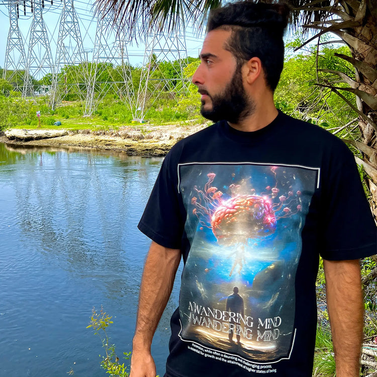 A Wandering Mind Ascension t-shirt in black front view worn on model