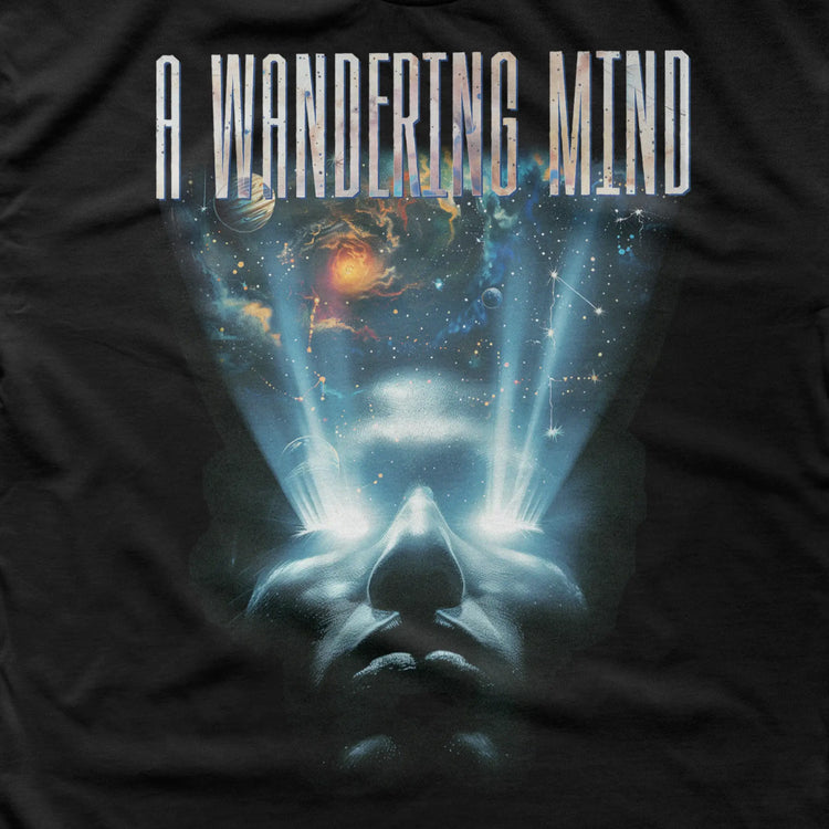 A Wandering Mind Awakening t-shirt in black front graphic detail showing face, light beams, cosmic scene