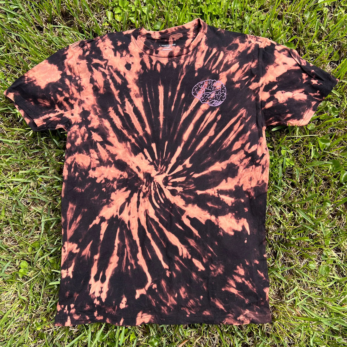 A Wandering Mind Classic Brain Pink Logo t-shirt in bleach-dyed black front view