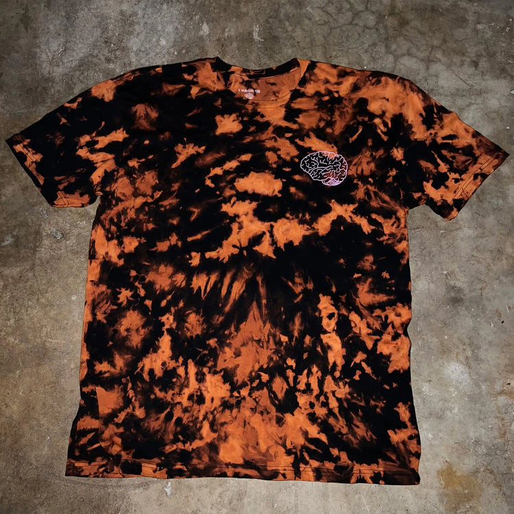 A Wandering Mind Classic Brain Pink Logo t-shirt in bleach-dyed black front view