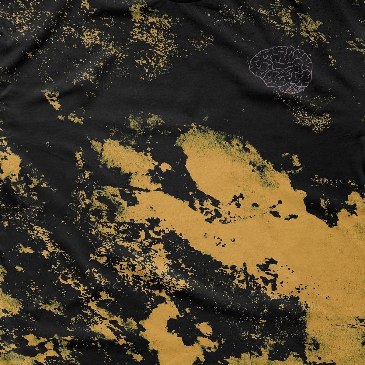 A Wandering Mind Classic Brain Pink Logo t-shirt in bleach-dyed black front graphic detail showing monoline brain logo