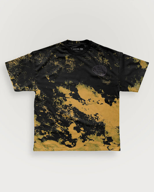 A Wandering Mind Classic Brain Pink Logo t-shirt in bleach-dyed black front view