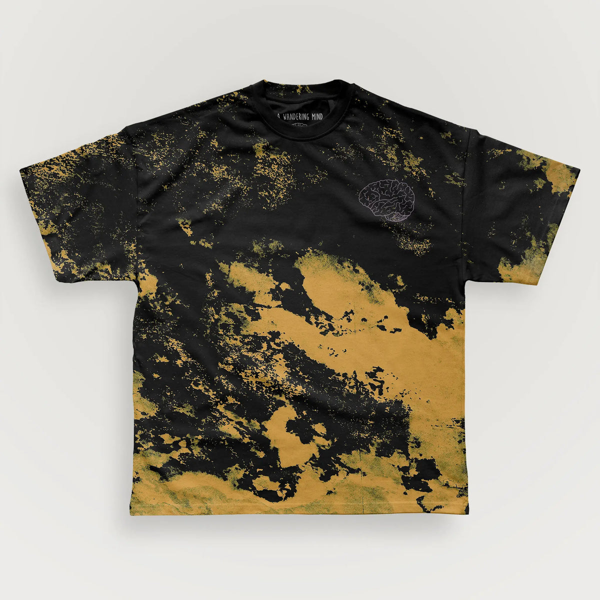 A Wandering Mind Classic Brain Pink Logo t-shirt in bleach-dyed black front view
