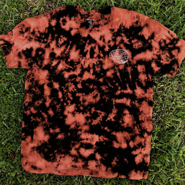 A Wandering Mind Classic Brain White Logo t-shirt in bleach-dyed black front view