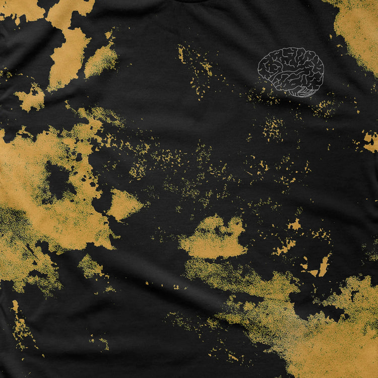A Wandering Mind Classic Brain White Logo t-shirt in bleach-dyed black front graphic detail showing monoline brain logo