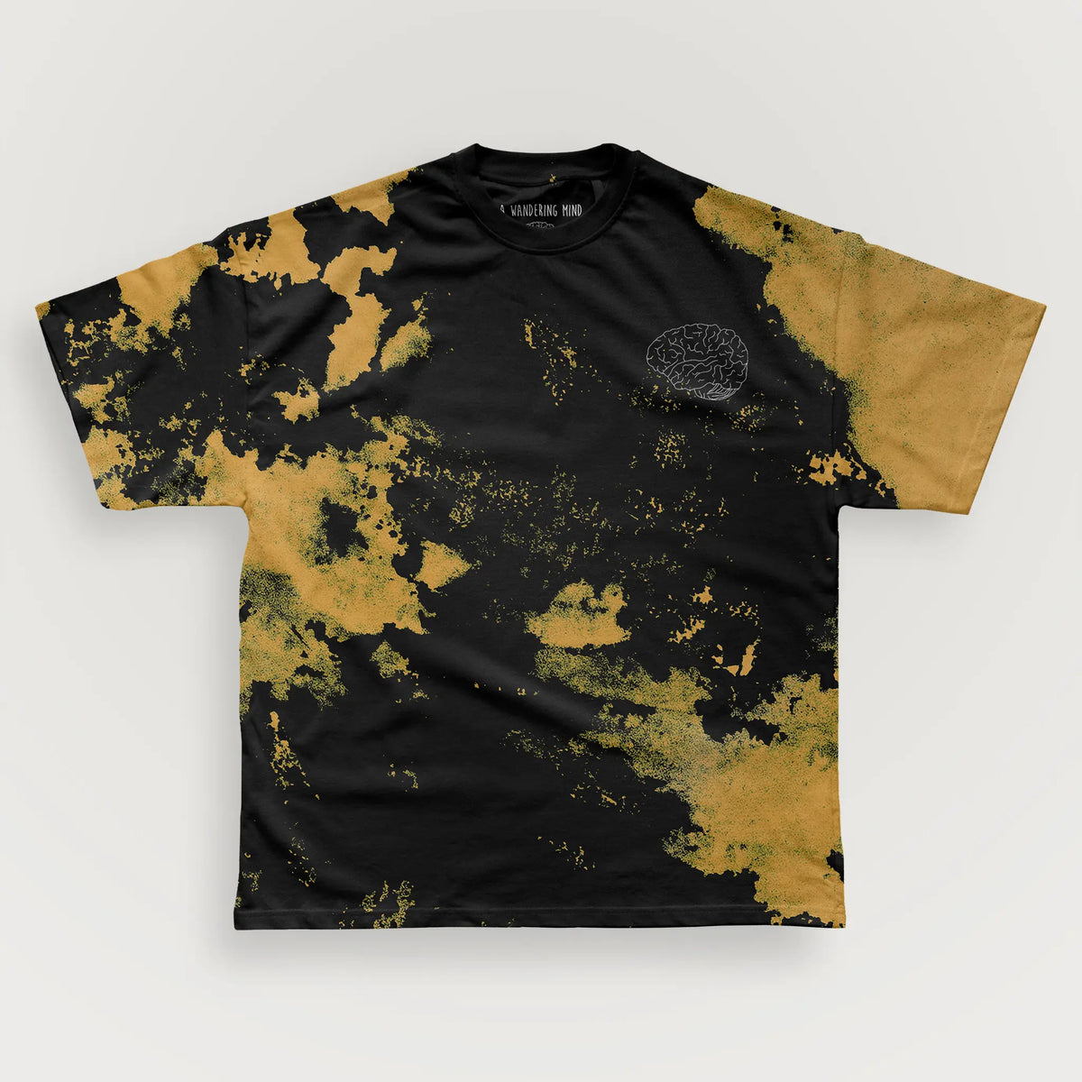A Wandering Mind Classic Brain White Logo t-shirt in bleach-dyed black front view