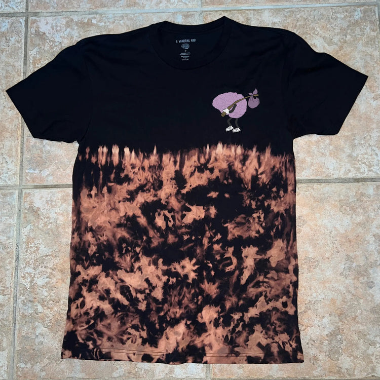 A Wandering Mind Wandering Logo t-shirt in bleach-dyed black front view