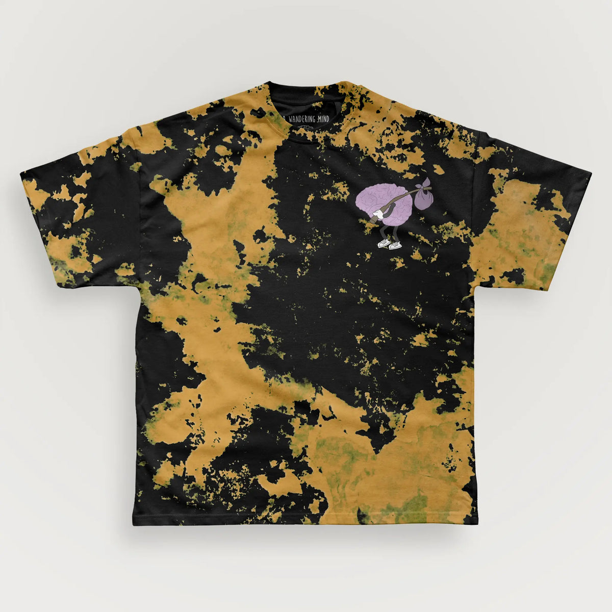 A Wandering Mind Wandering Logo t-shirt in bleach-dyed black front view