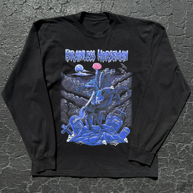 A Wandering Mind Brainless Horseman long sleeve t-shirt in black front view
