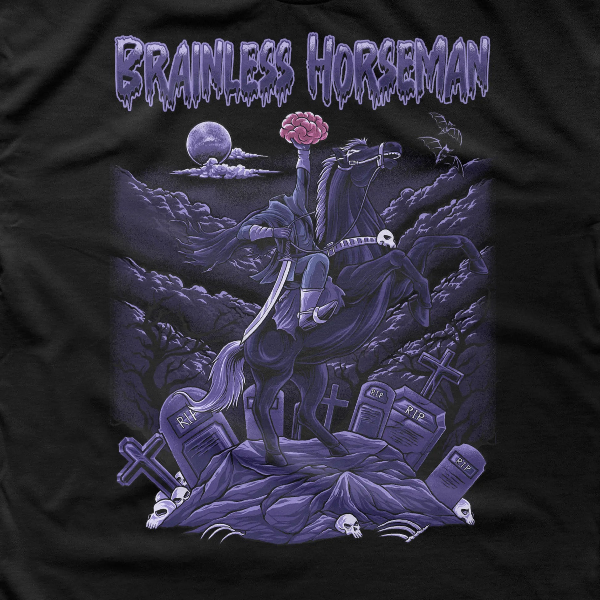 A Wandering Mind Brainless Horseman long sleeve t-shirt in black front graphic detail showing headless rider, horse, brain, moon