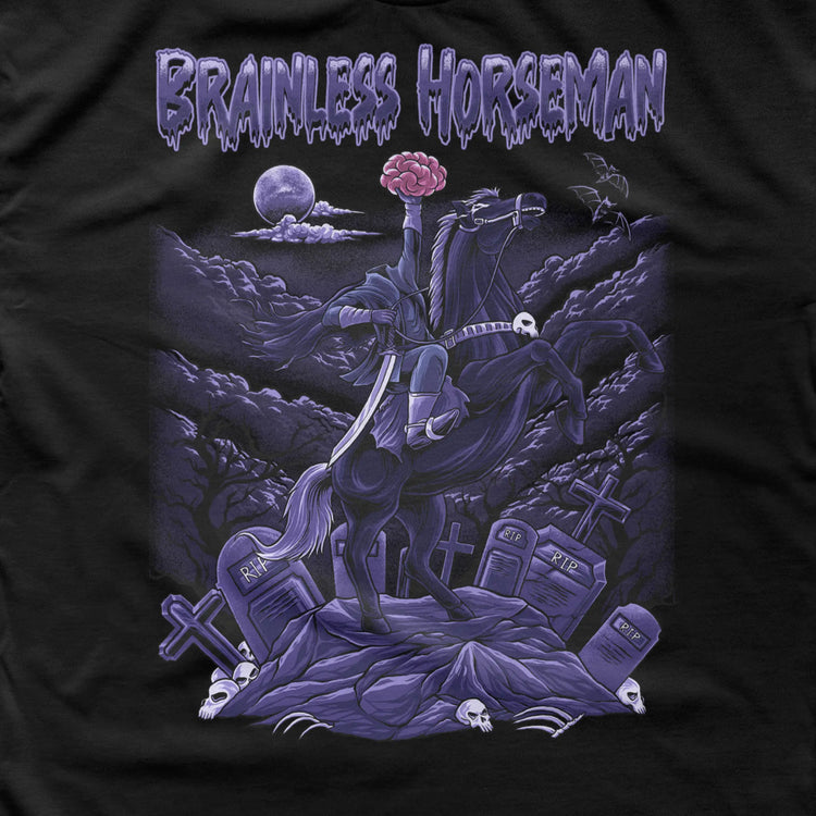 A Wandering Mind Brainless Horseman long sleeve t-shirt in black front graphic detail showing headless rider, horse, brain, moon