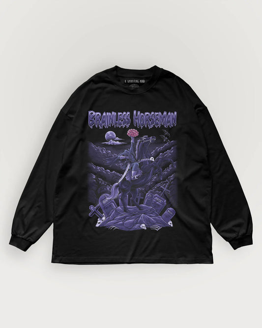 A Wandering Mind Brainless Horseman long sleeve t-shirt in black front view