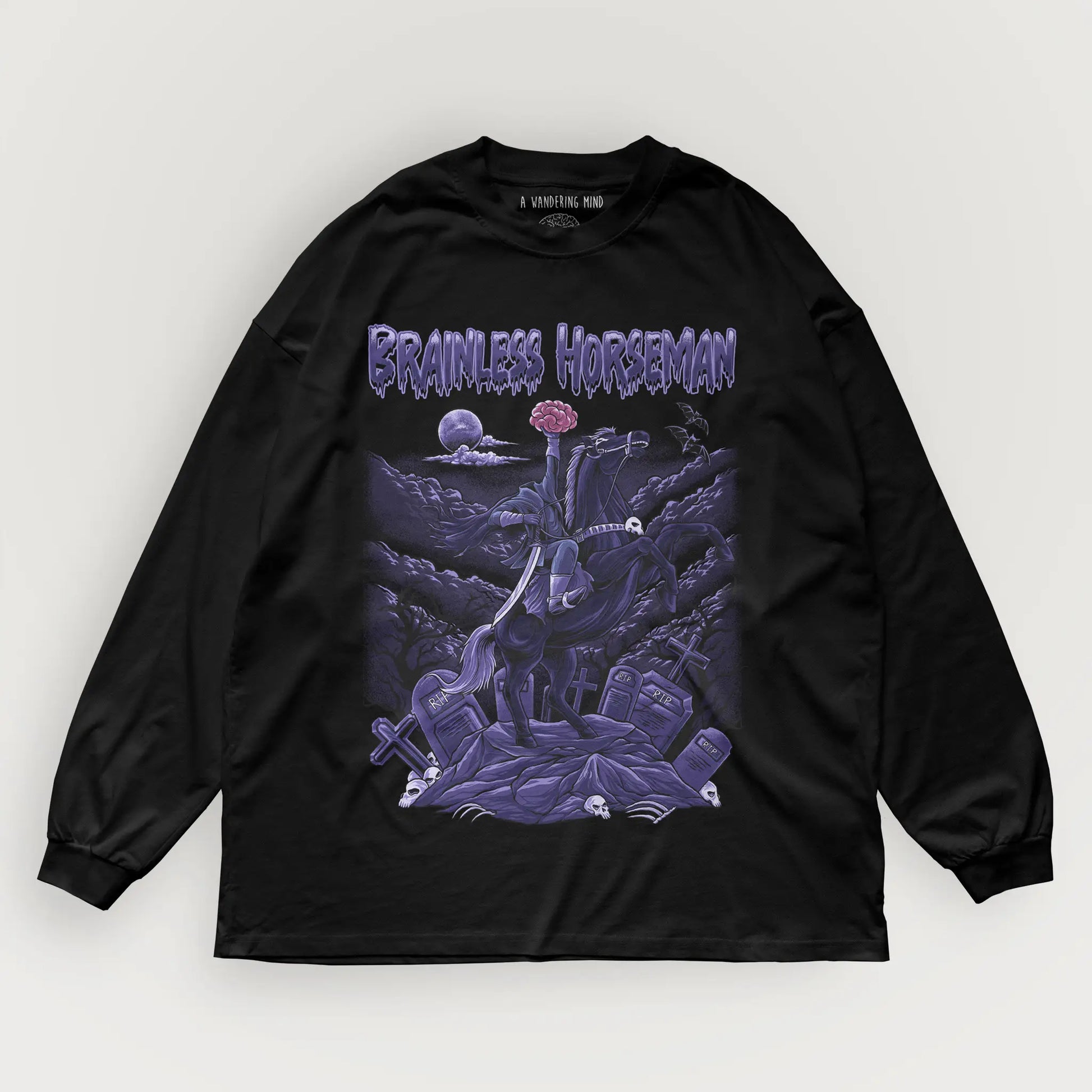 A Wandering Mind Brainless Horseman long sleeve t-shirt in black front view