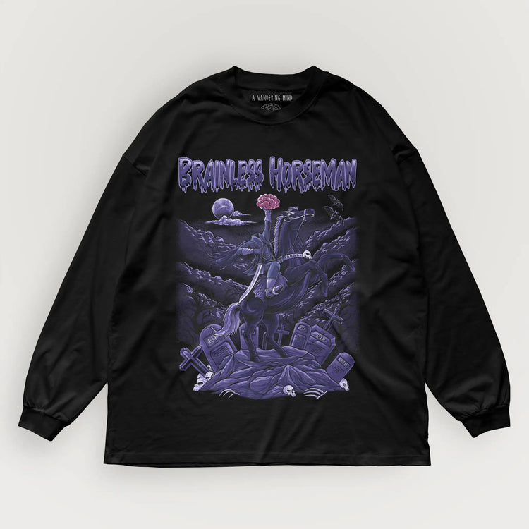 A Wandering Mind Brainless Horseman long sleeve t-shirt in black front view