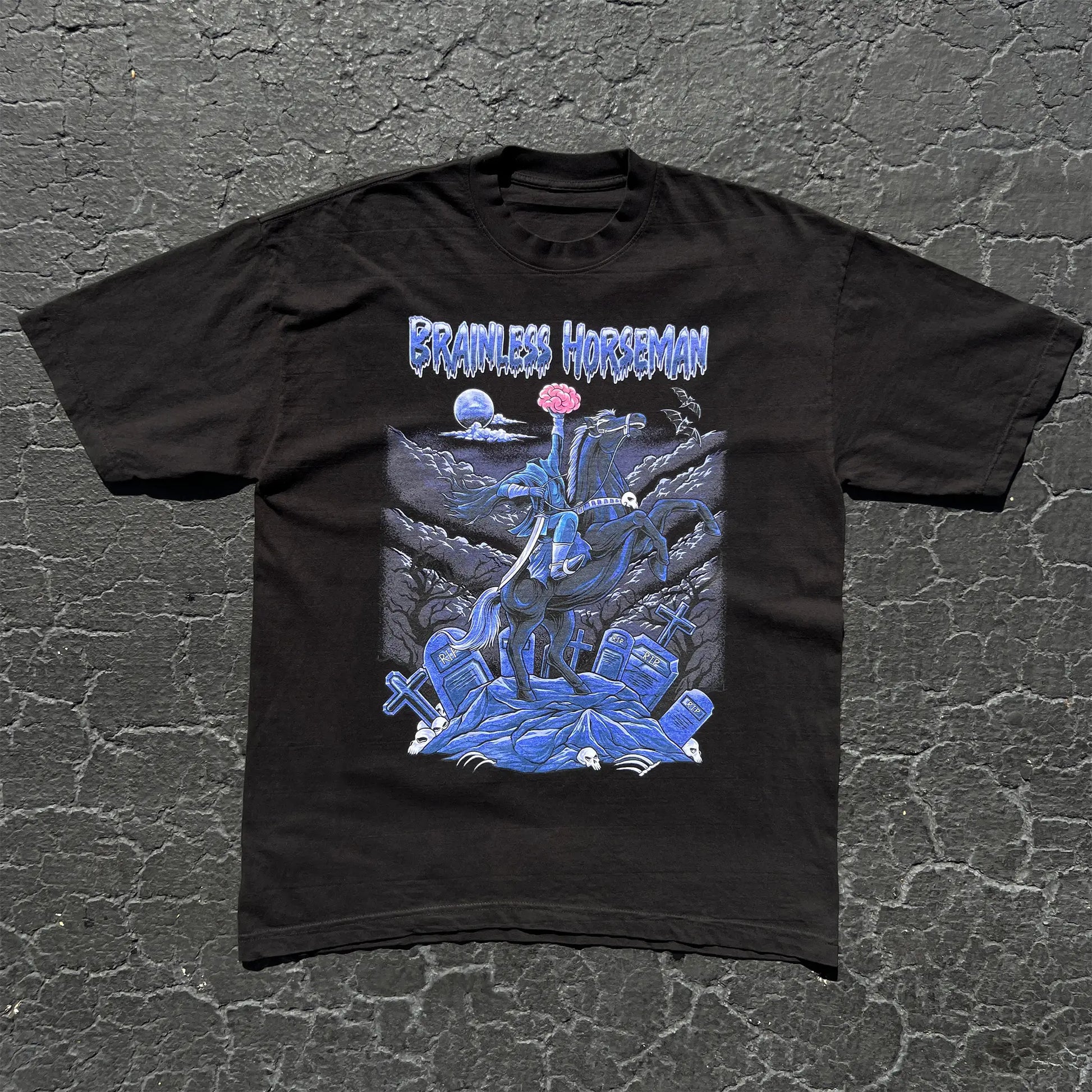 A Wandering Mind Brainless Horseman t-shirt in black front view