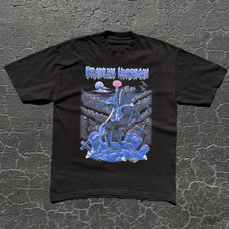 A Wandering Mind Brainless Horseman t-shirt in black front view