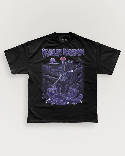 A Wandering Mind Brainless Horseman t-shirt in black front view