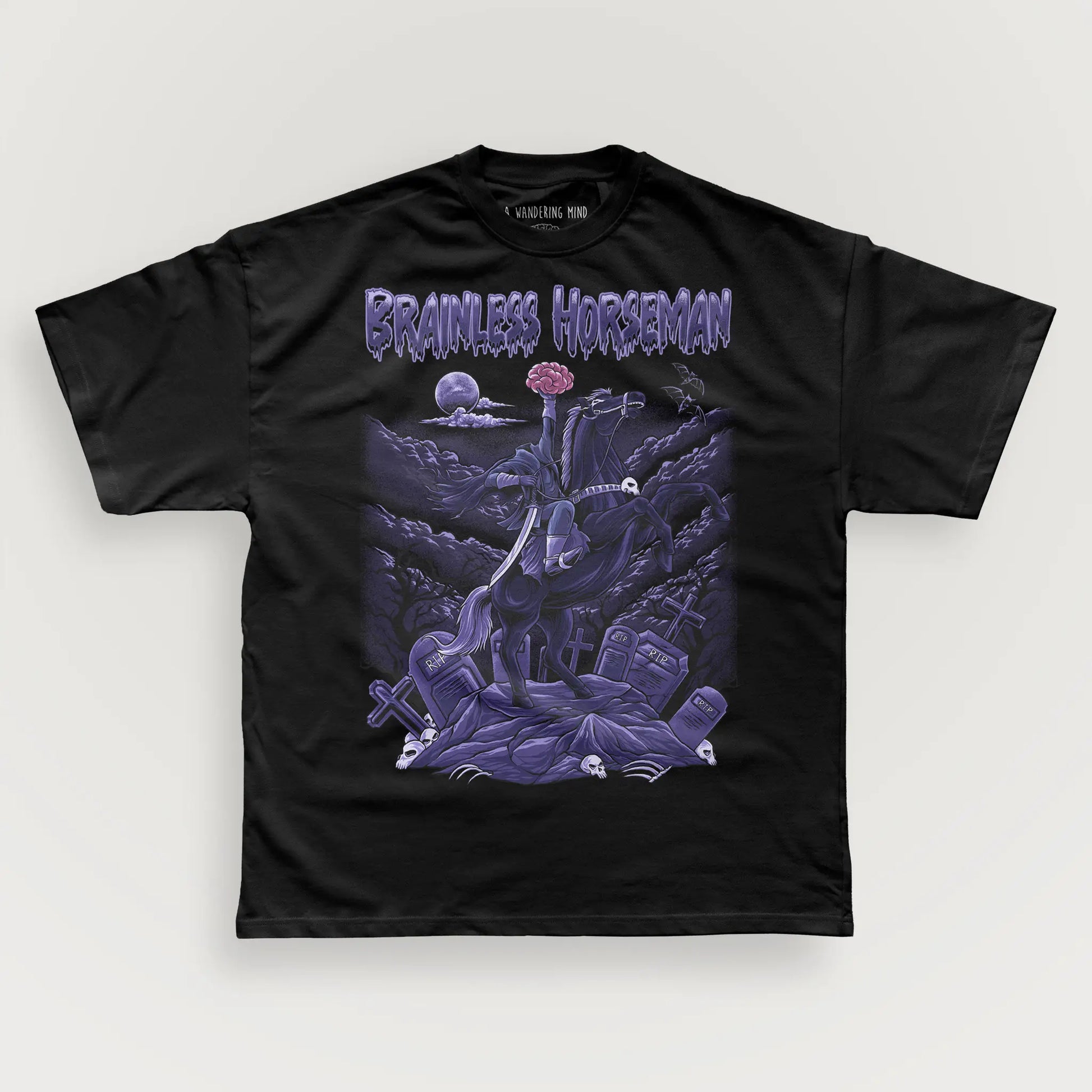 A Wandering Mind Brainless Horseman t-shirt in black front view