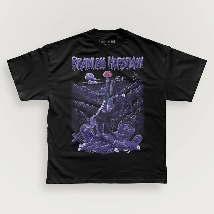 A Wandering Mind Brainless Horseman t-shirt in black front view