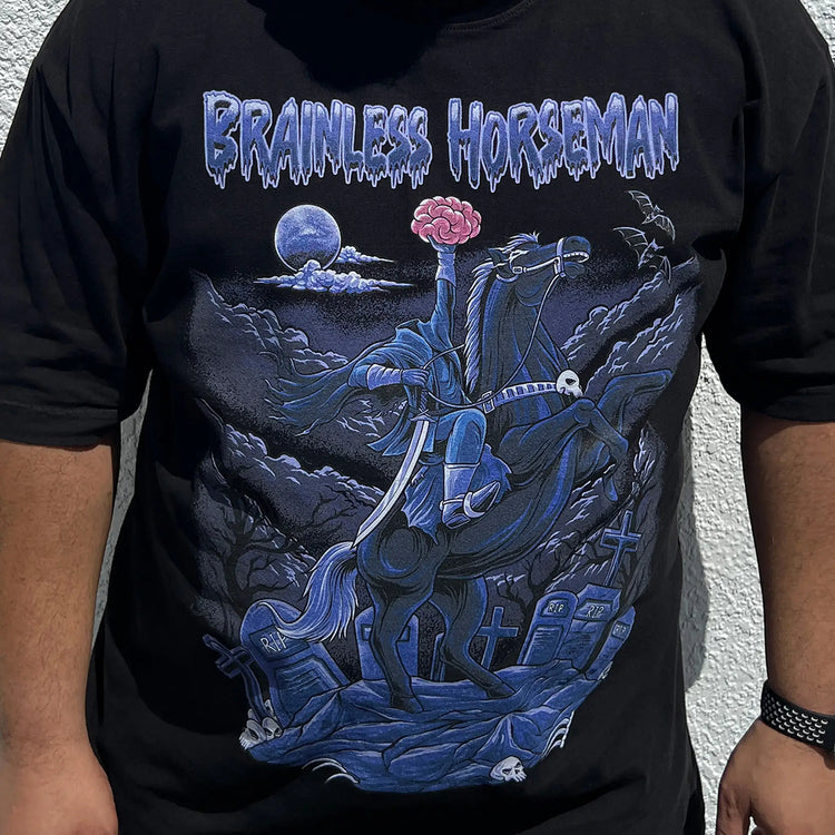 A Wandering Mind Brainless Horseman t-shirt in black front view worn on model