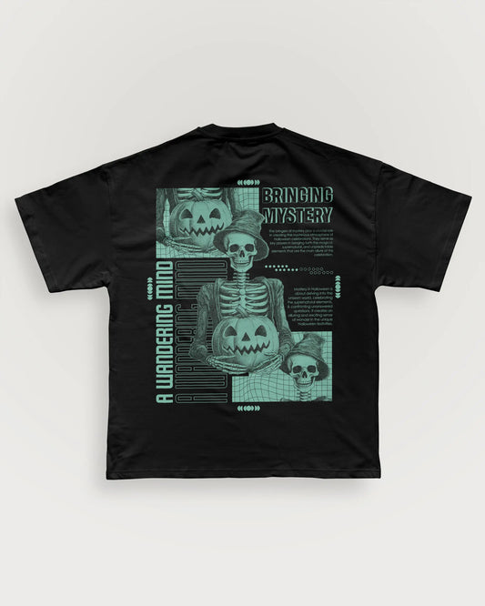 A Wandering Mind Bringing Mystery t-shirt in black back view