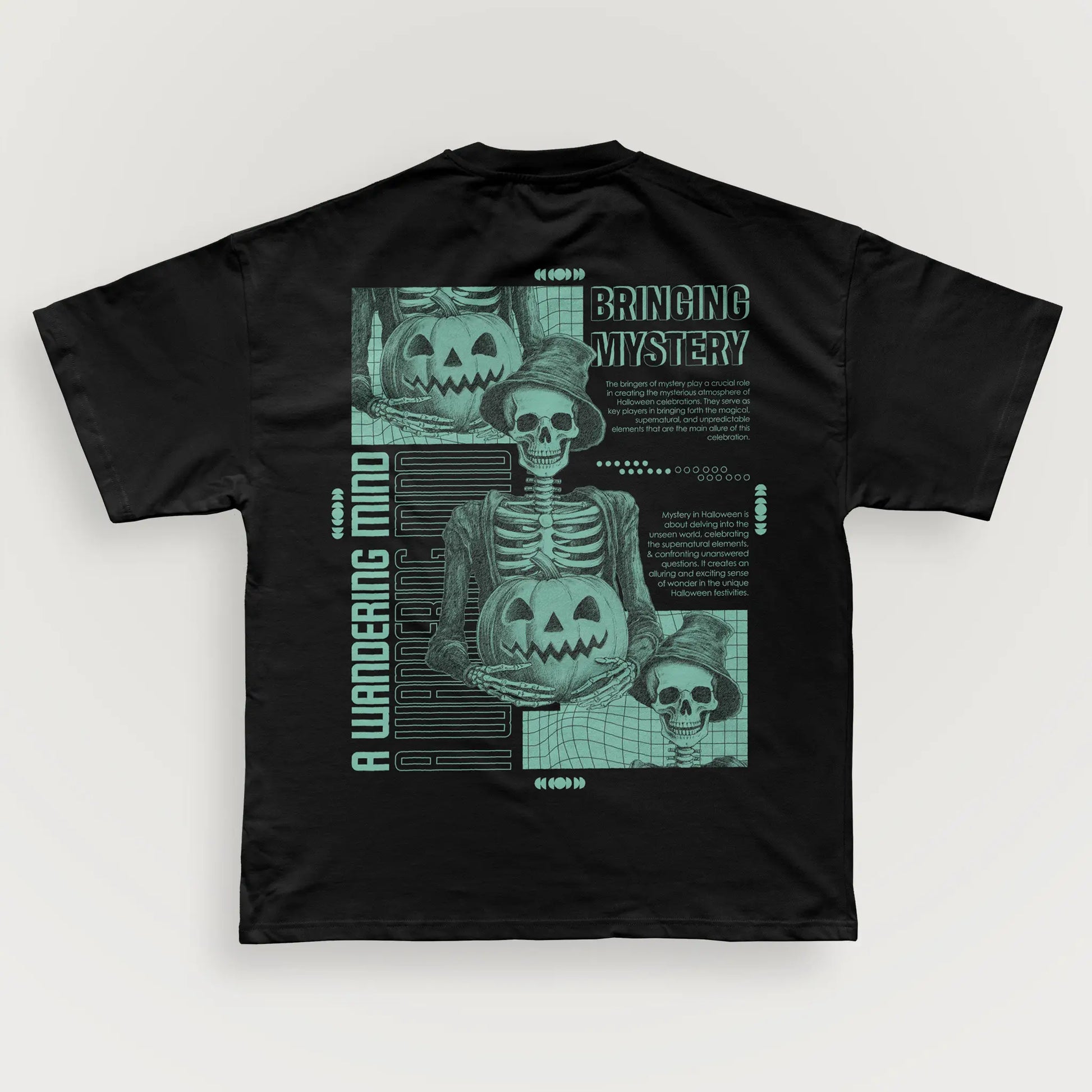 A Wandering Mind Bringing Mystery t-shirt in black back view