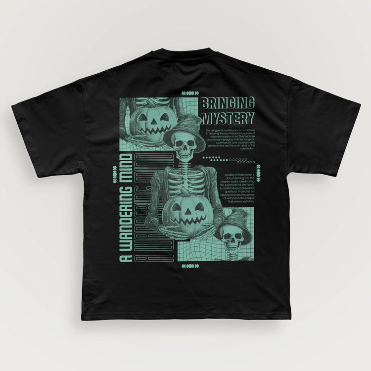 A Wandering Mind Bringing Mystery t-shirt in black back view