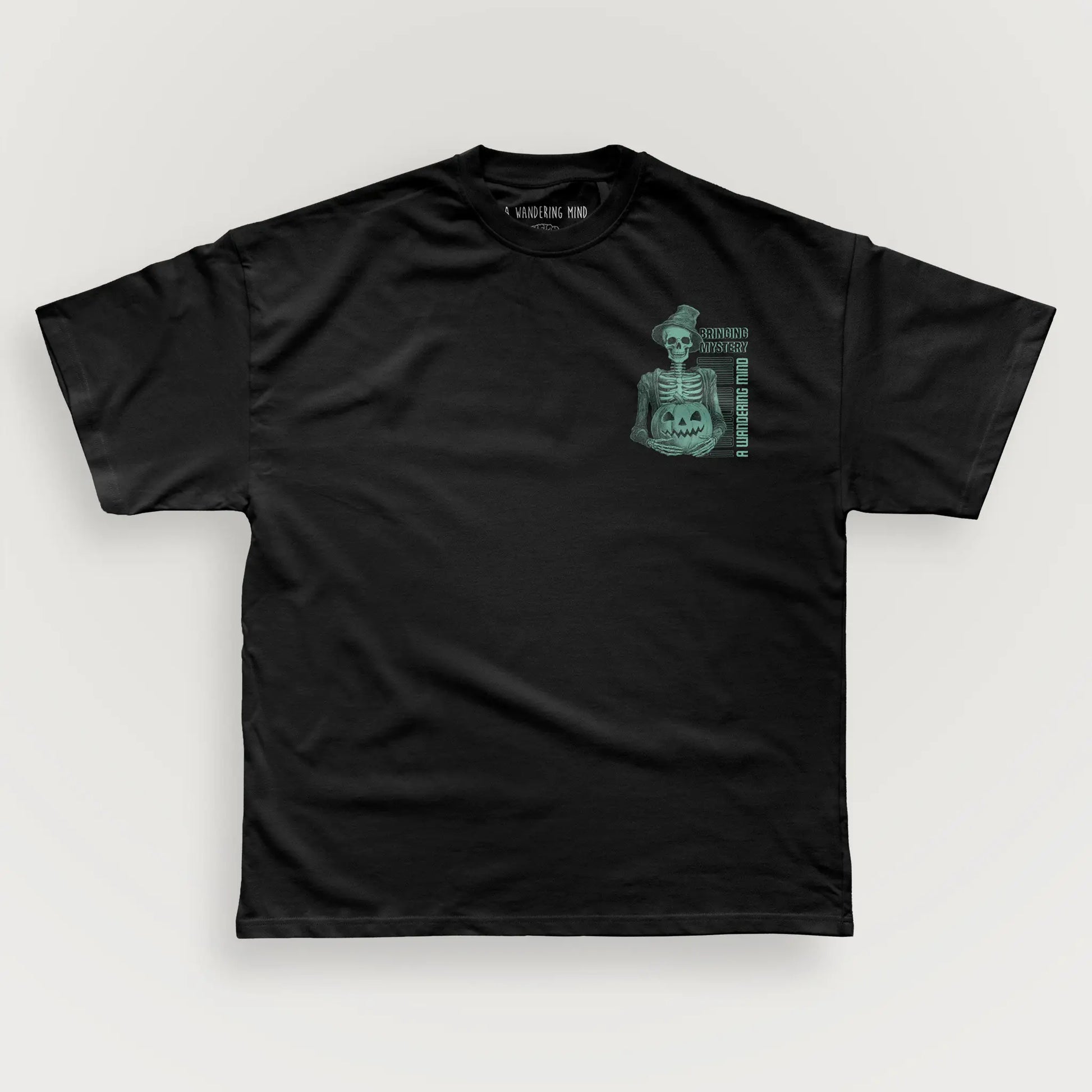 A Wandering Mind Bringing Mystery t-shirt in black front view