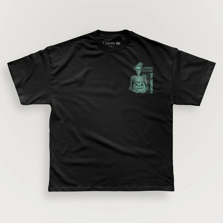 A Wandering Mind Bringing Mystery t-shirt in black front view