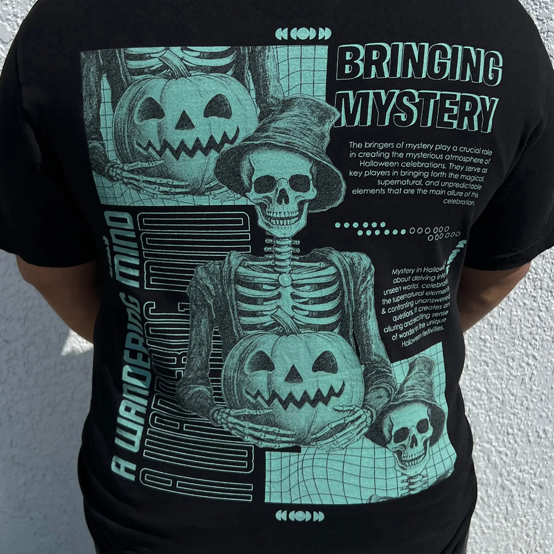 A Wandering Mind Bringing Mystery t-shirt in black back view worn on model