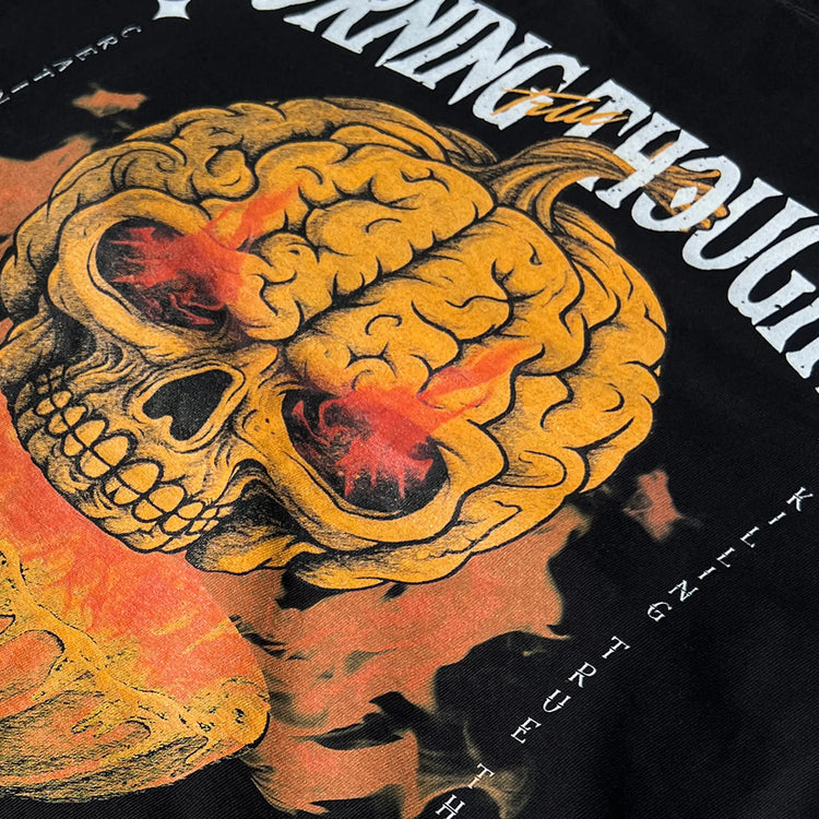 A Wandering Mind Burning Thoughts t-shirt in black back graphic detail showing skull, pumpkin, flames