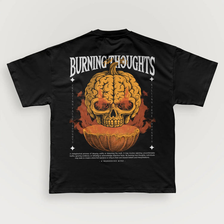 A Wandering Mind Burning Thoughts t-shirt in black back view
